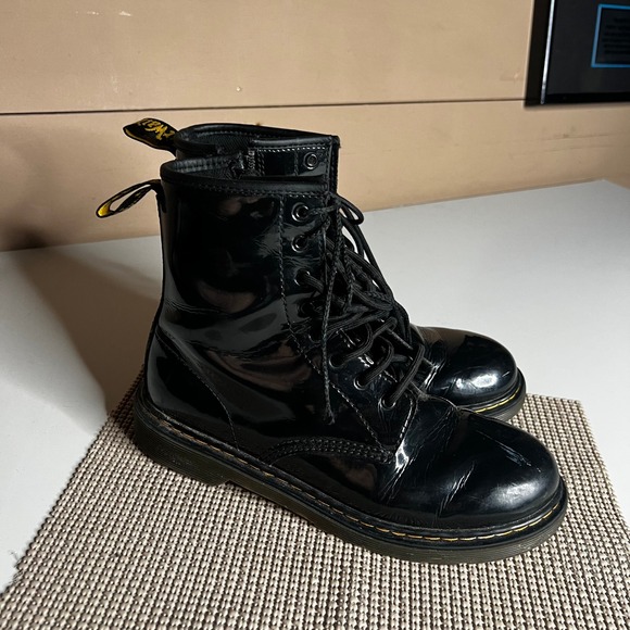 Dr. Martens Shoes - Dr. Martens 1460 Y Black Patent Lamper Leather Lace Up Zip Boots Womens 7 Mens 6